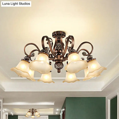 Floral Shade Semi Flush Light with Opal Glass - Countryside Brown Close to Ceiling Lamp for Living Room (5/6/8 Lights)