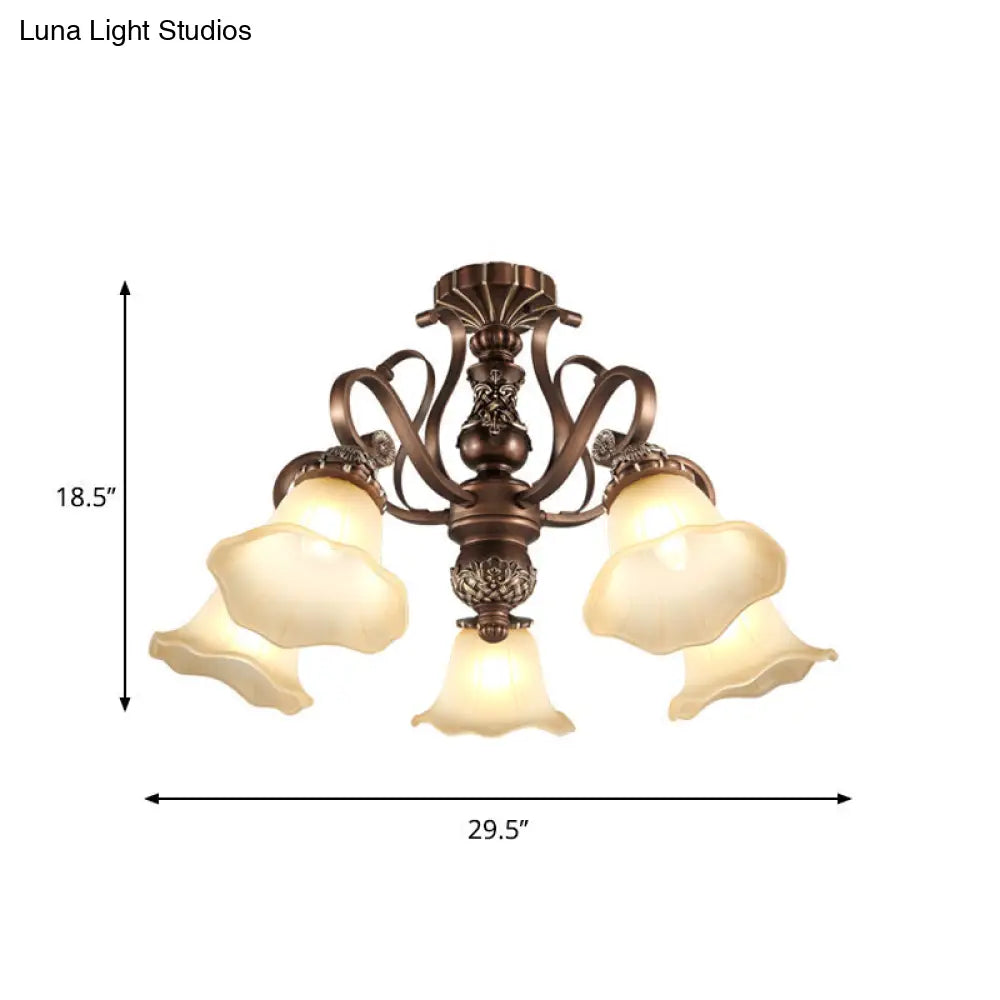 Floral Shade Semi Flush Light with Opal Glass - Countryside Brown Close to Ceiling Lamp for Living Room (5/6/8 Lights)