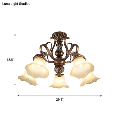 Floral Shade Semi Flush Light with Opal Glass - Countryside Brown Close to Ceiling Lamp for Living Room (5/6/8 Lights)