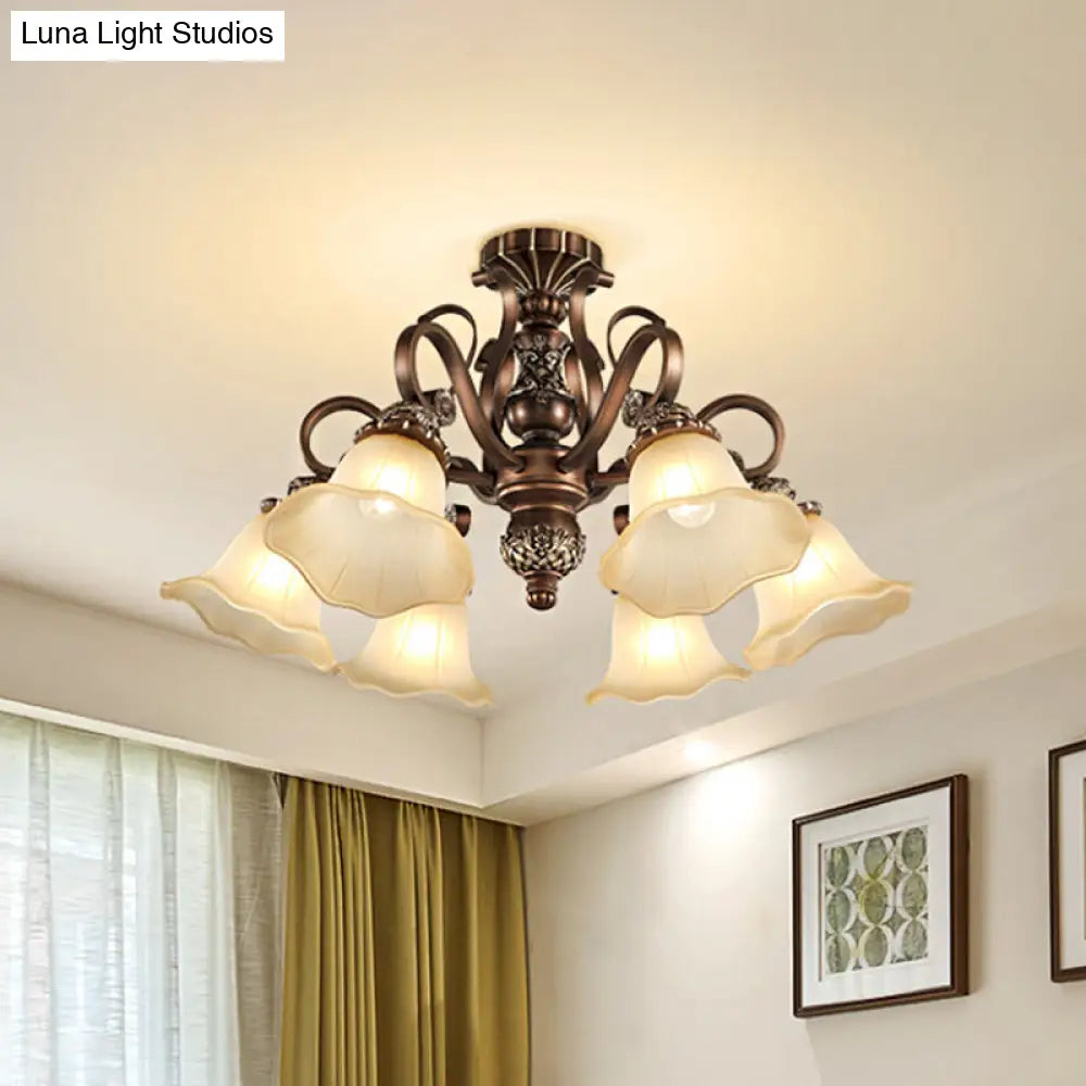 Floral Shade Semi Flush Light with Opal Glass - Countryside Brown Close to Ceiling Lamp for Living Room (5/6/8 Lights)