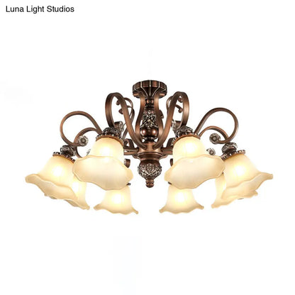 Floral Shade Semi Flush Light with Opal Glass - Countryside Brown Close to Ceiling Lamp for Living Room (5/6/8 Lights)