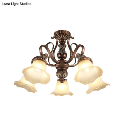 Floral Shade Semi Flush Light with Opal Glass - Countryside Brown Close to Ceiling Lamp for Living Room (5/6/8 Lights)