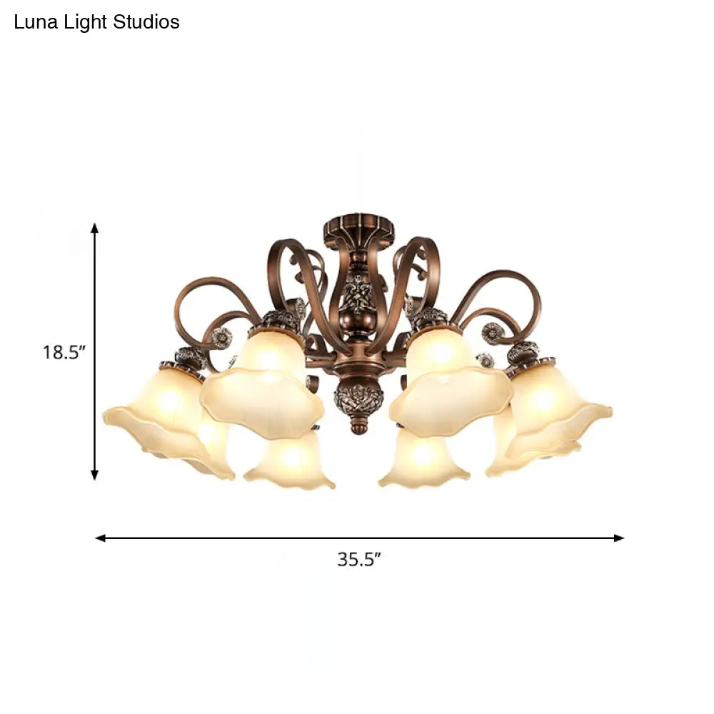 Floral Shade Semi Flush Light with Opal Glass - Countryside Brown Close to Ceiling Lamp for Living Room (5/6/8 Lights)