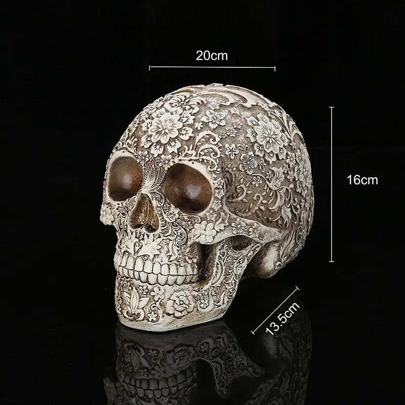 Off-white resin decorbites 20cm carved skull figurine with intricate floral and vine patterns for halloween decor