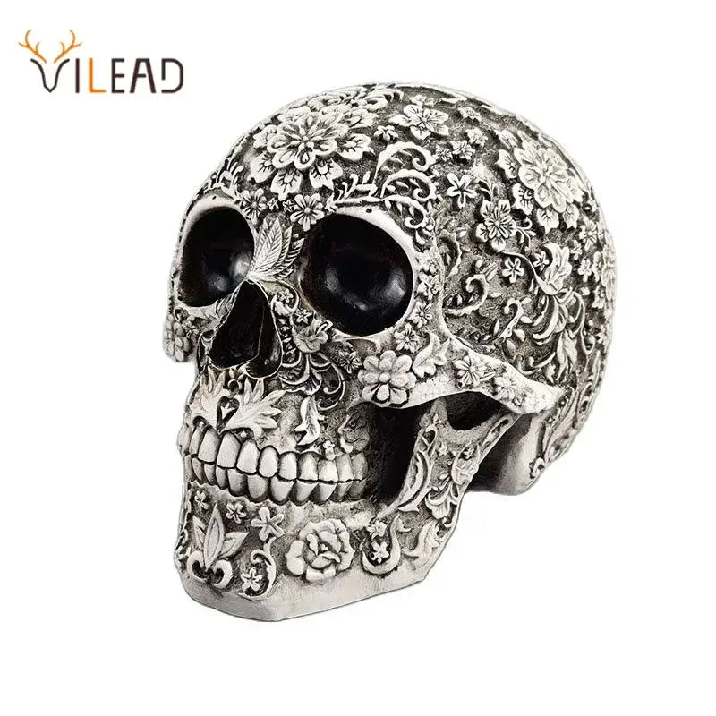 Floral silver carved skull figurine decorbites 20cm carved skull with black eye sockets for living room halloween decor