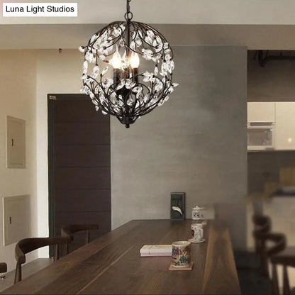 Lámpara de araña colgante esférica floral: Lámpara tradicional de hierro negro/bronce de 3 luces con detalles de cristal