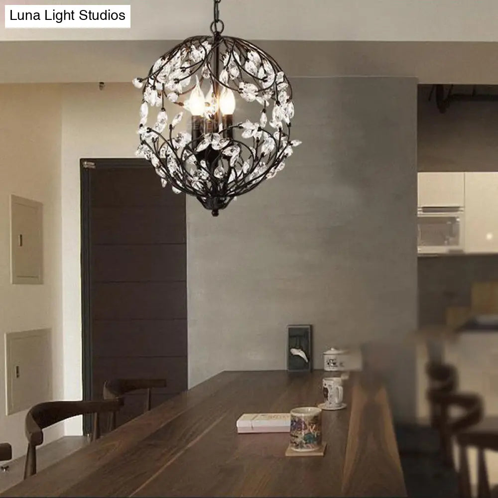 Lámpara de araña colgante esférica floral: Lámpara tradicional de hierro negro/bronce de 3 luces con detalles de cristal