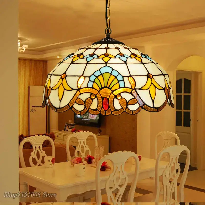 Floral stained glass baroque tiffany pendant light with intricate white yellow blue and gold patterns for dining room decorbites baroque tiffany pendant