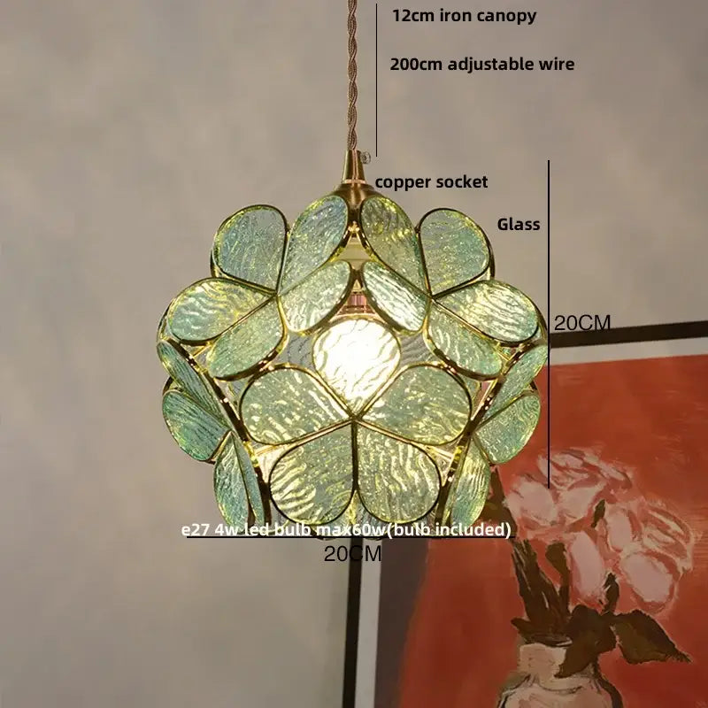 Delicate floral stained glass copper led pendant lamp with green glass petals and central copper socket for dining room
