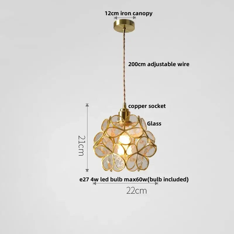Gold-toned floral stained glass copper led pendant lamp with spherical translucent panels and metal frames for dining room
