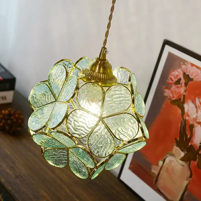 Delicate gold-toned glass copper led pendant lamp with translucent green petals for dining room lighting