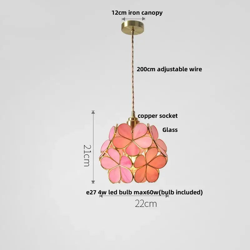 Delicate pink floral stained glass copper led pendant lamp with brass finish for dining room lighting