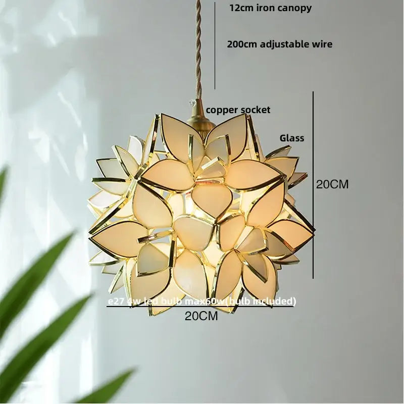 Gold-toned floral stained glass copper led pendant lamp with layered petals and iron canopy for dining room lighting