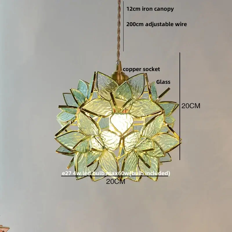 Floral stained glass copper led pendant lamp with translucent green and gold leaf panels and adjustable copper socket