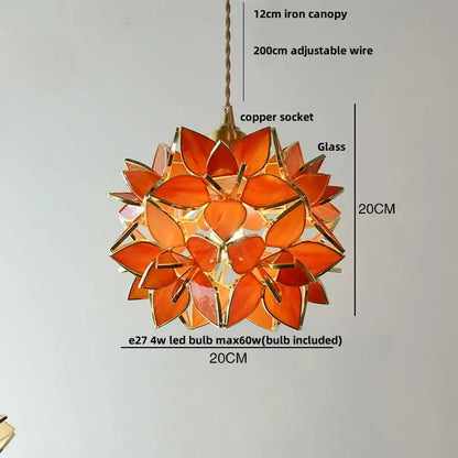 Orangish-orange floral stained glass copper led pendant lamp with gold-toned metal frame for dining room lighting