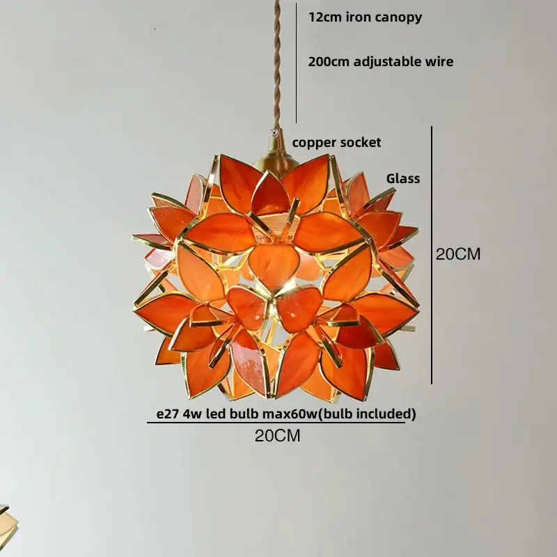 Orangish-orange floral stained glass copper led pendant lamp with gold-toned metal frame for dining room lighting