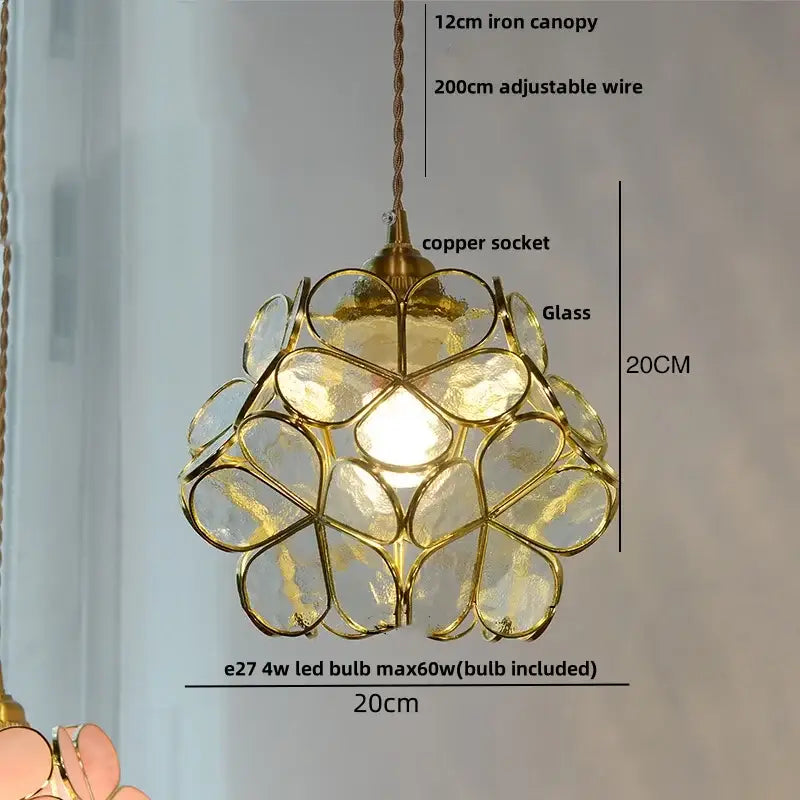 Gold-toned floral stained glass copper led pendant lamp with copper socket for dining room hanging light