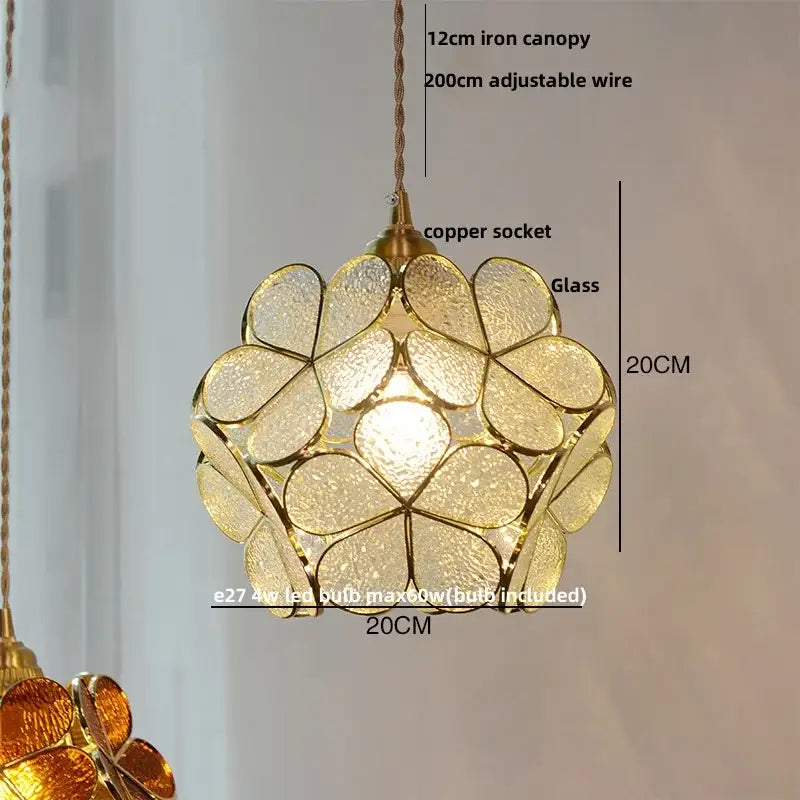 Floral stained glass copper led pendant lamp with golden textured glass petals and copper led pendant socket for dining room