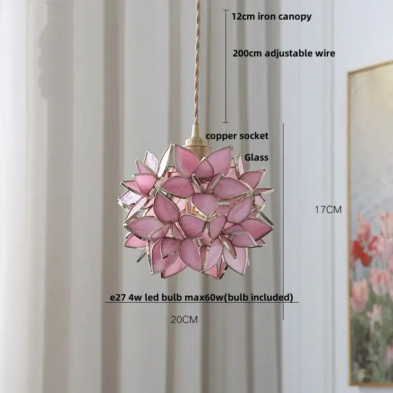 Floral pink glass copper led pendant lamp with adjustable wire and copper socket for dining room lighting