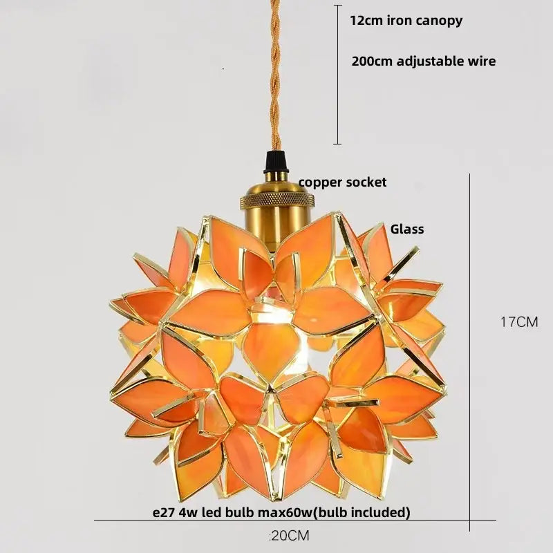 Orange glass floral stained glass copper led pendant lamp with gold accents and copper led pendant socket for dining room