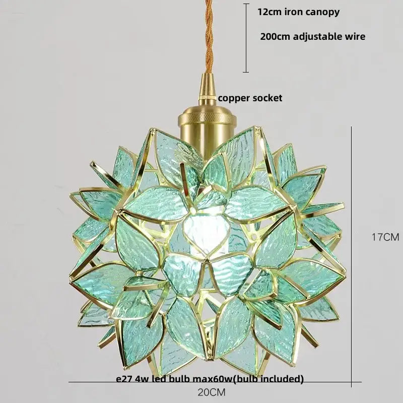 Delicate teal glass copper led pendant lamp with gold-toned accents and floral pattern for dining room lighting