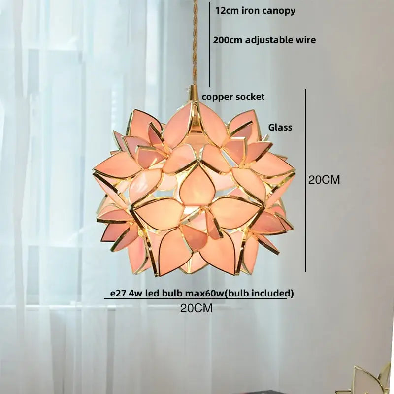 A delicate peach glass copper led pendant lamp with gold floral design for dining room lighting