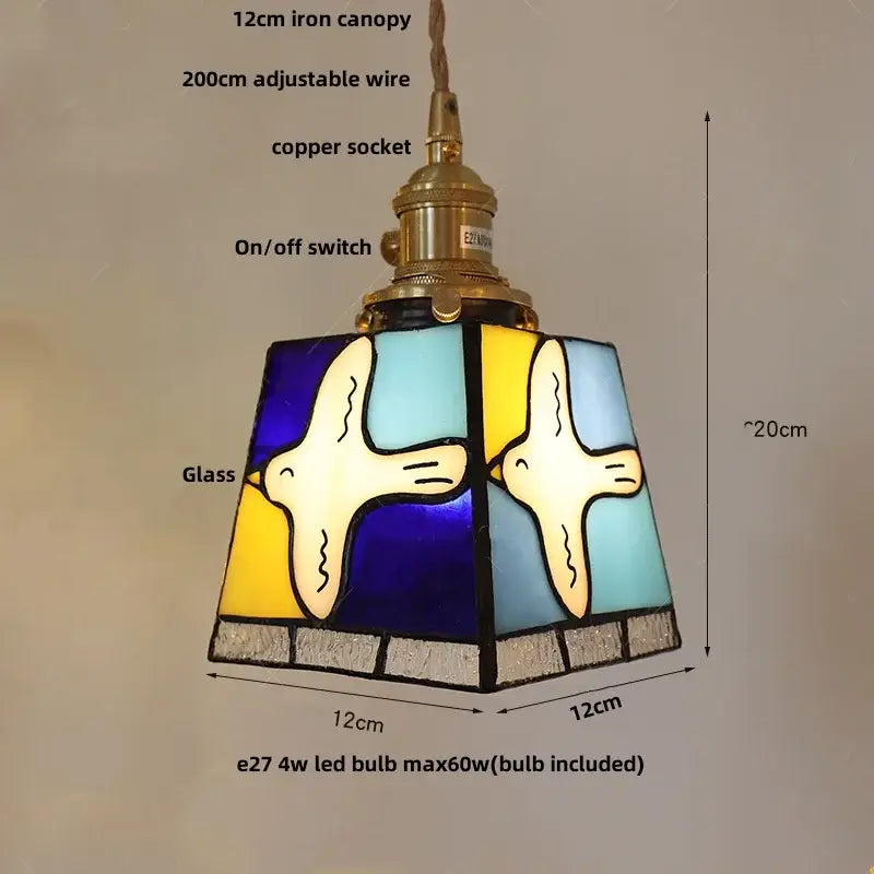 Floral stained glass pendant light with two white birds on blue yellow and teal panels decorbites colorful glass led decor