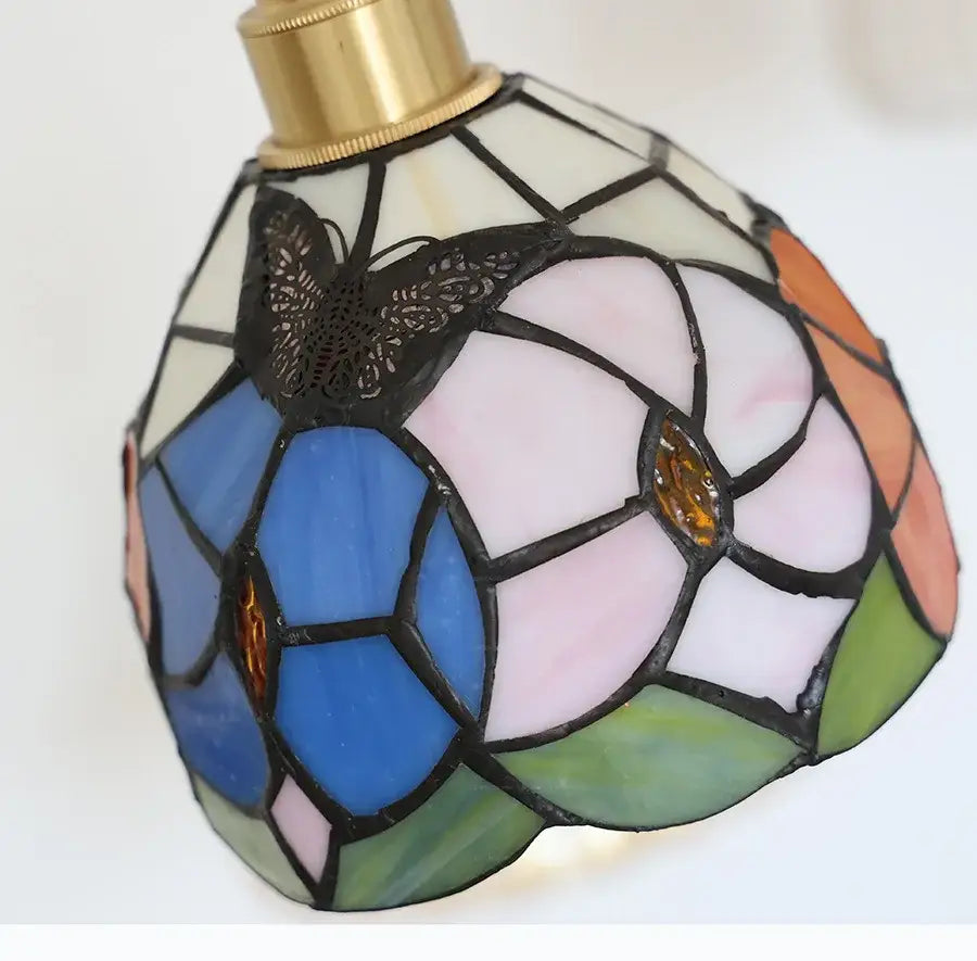 Floral stained glass pendant light with blue pink green segments and black butterfly motif from decorbites colorful glass led