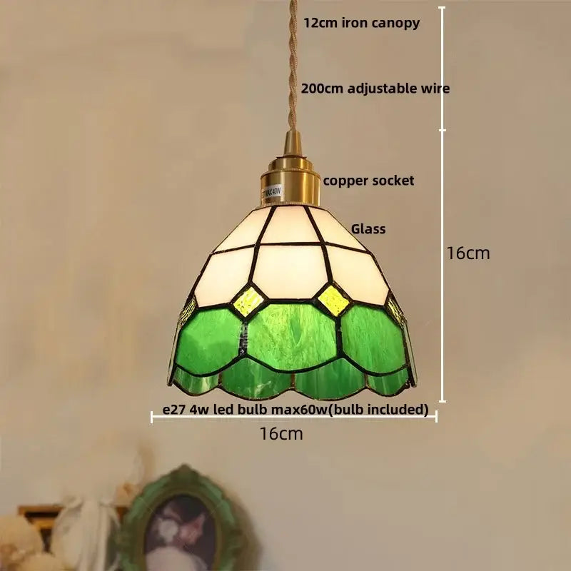 Green and white stained glass pendant light with brass copper socket for dining room decorbites colorful glass led lighting