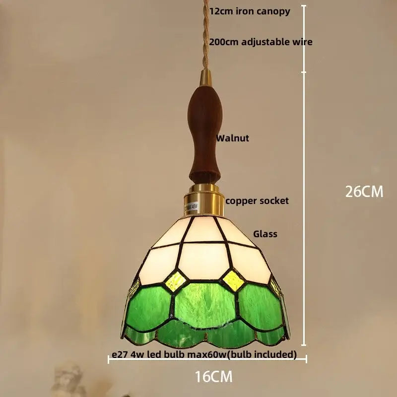Green and white floral stained glass pendant light with walnut-finished iron canopy for decorbites colorful glass led decor