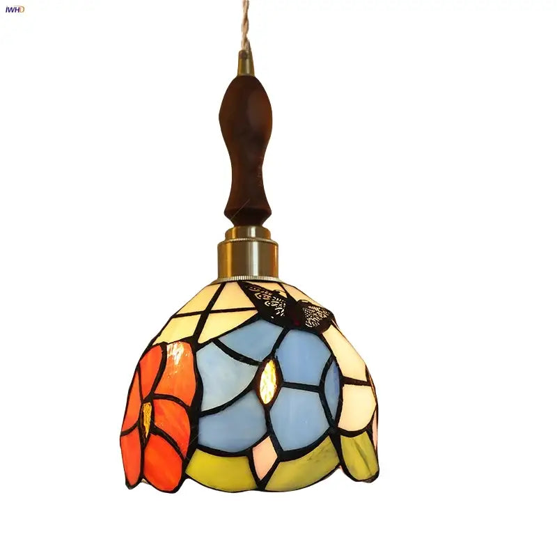 Floral stained glass pendant light with wooden handle and brass fittings featuring decorbites colorful glass led patterns