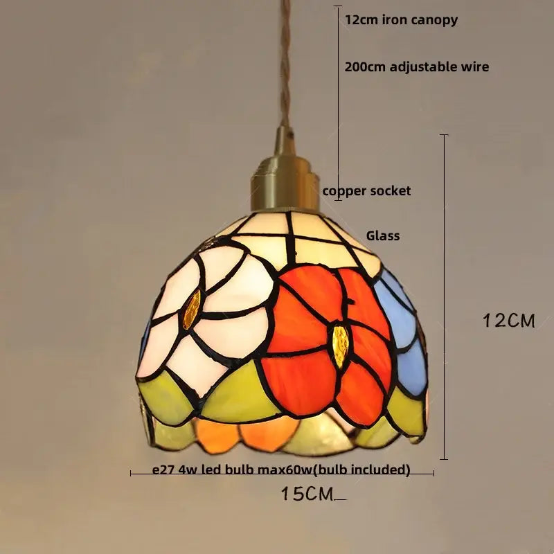 Stained glass pendant light with floral design in red white blue and green hues for decorbites colorful glass led lighting