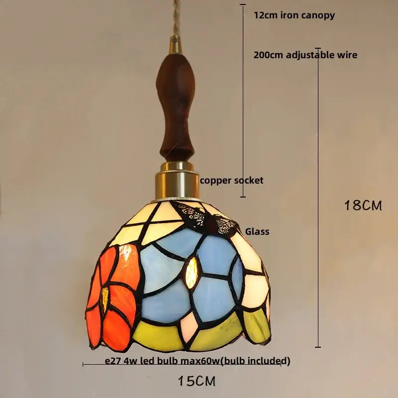 A vibrant floral stained glass pendant light with orange blue and yellow hues for decorbites colorful glass led use