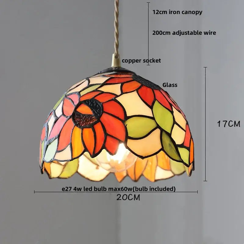 Vibrant floral stained glass pendant light in shades of orange red yellow and green for colorful glass led decorbites