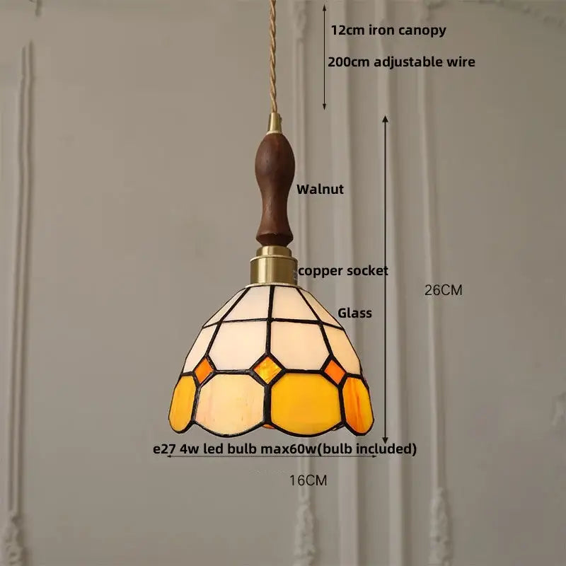 Floral stained glass pendant light with walnut iron canopy and cream amber stained glass shade for decorbites colorful glass led