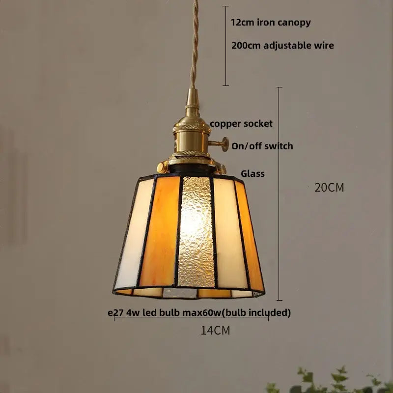 Floral stained glass pendant light with warm tones brass copper socket and adjustable wire suspension from decorbites colorful glass led