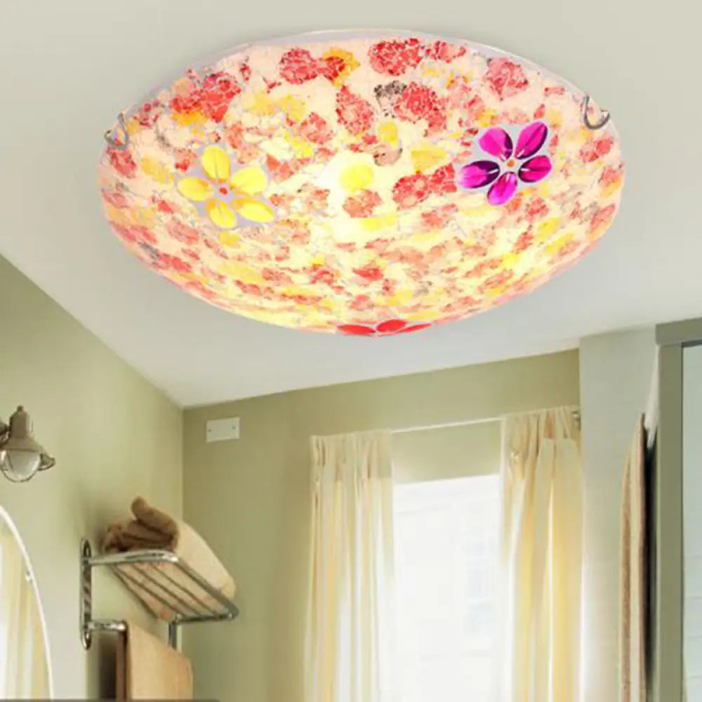 DecorBites™ DecorBites™ Floral Tiffany Red Stained Glass Flush Mount Lighting - 2/3 Lights, 12"/16"/19.5" Wide