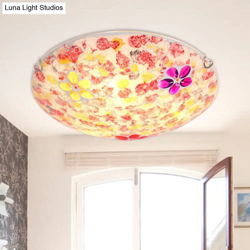 DecorBites™ DecorBites™ Floral Tiffany Red Stained Glass Flush Mount Lighting - 2/3 Lights, 12"/16"/19.5" Wide