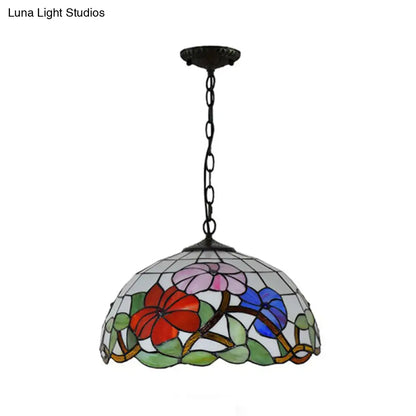 Floral Tiffany Stained Glass Suspension Light - Black Pendent Ceiling Light for Living Room