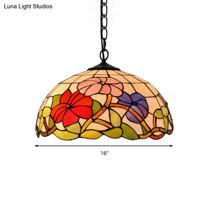 Floral Tiffany Stained Glass Suspension Light - Black Pendent Ceiling Light for Living Room