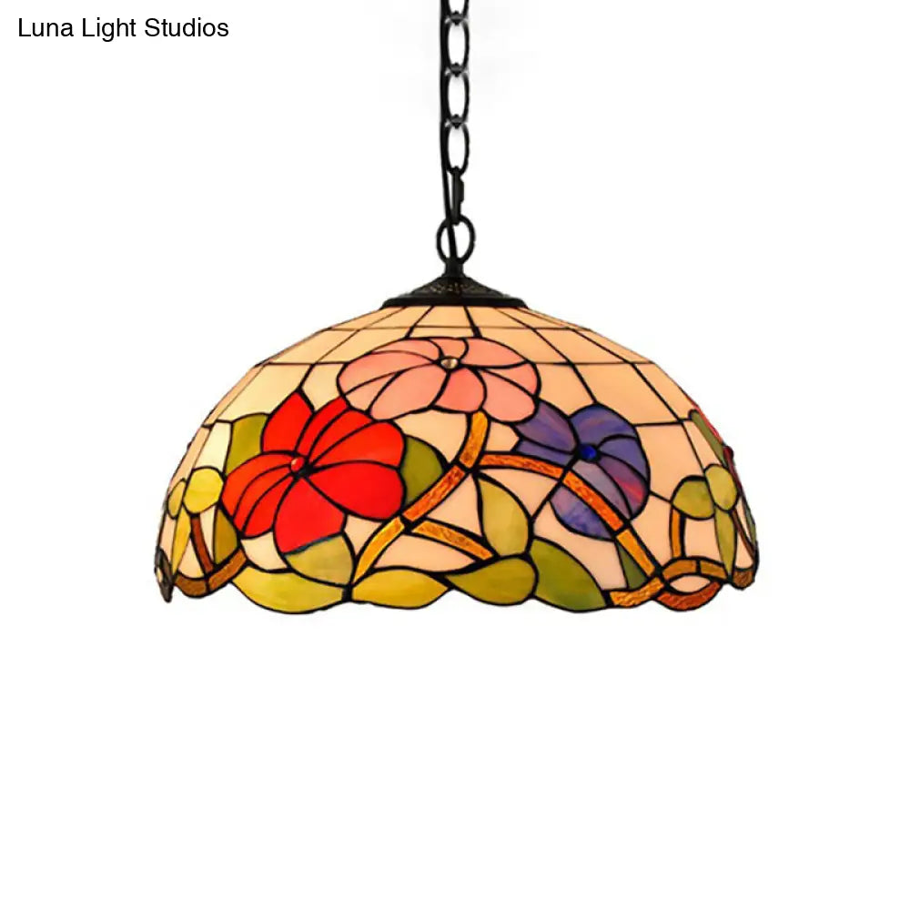 Floral Tiffany Stained Glass Suspension Light - Black Pendent Ceiling Light for Living Room