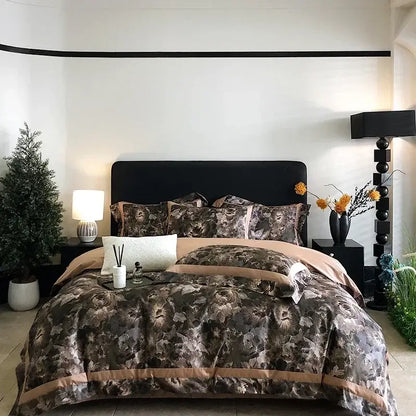 The egyptian cotton bedding set features a muted floral duvet cover in brown and gray with a tan border