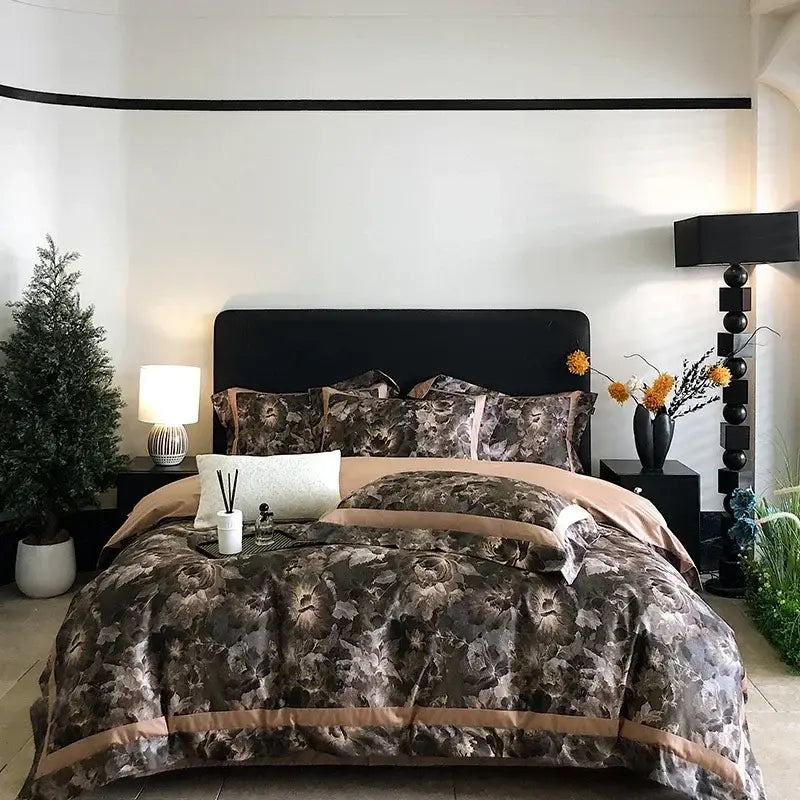 The egyptian cotton bedding set features a muted floral duvet cover in brown and gray with a tan border