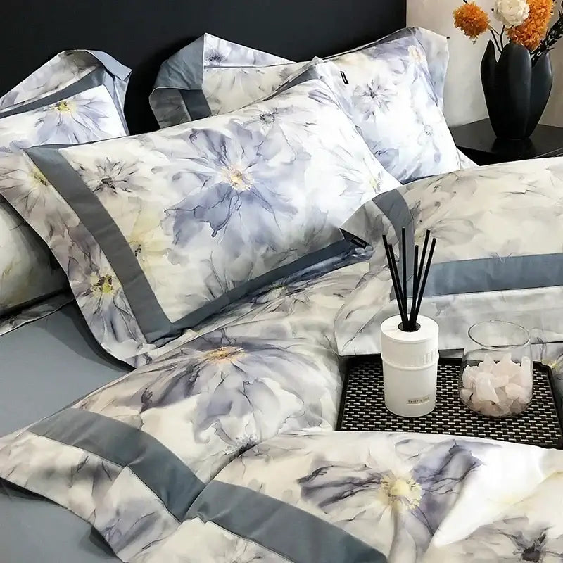 Elegant floral watercolor blue and white egyptian cotton bedding set with gray and white patterns and subtle blue accents
