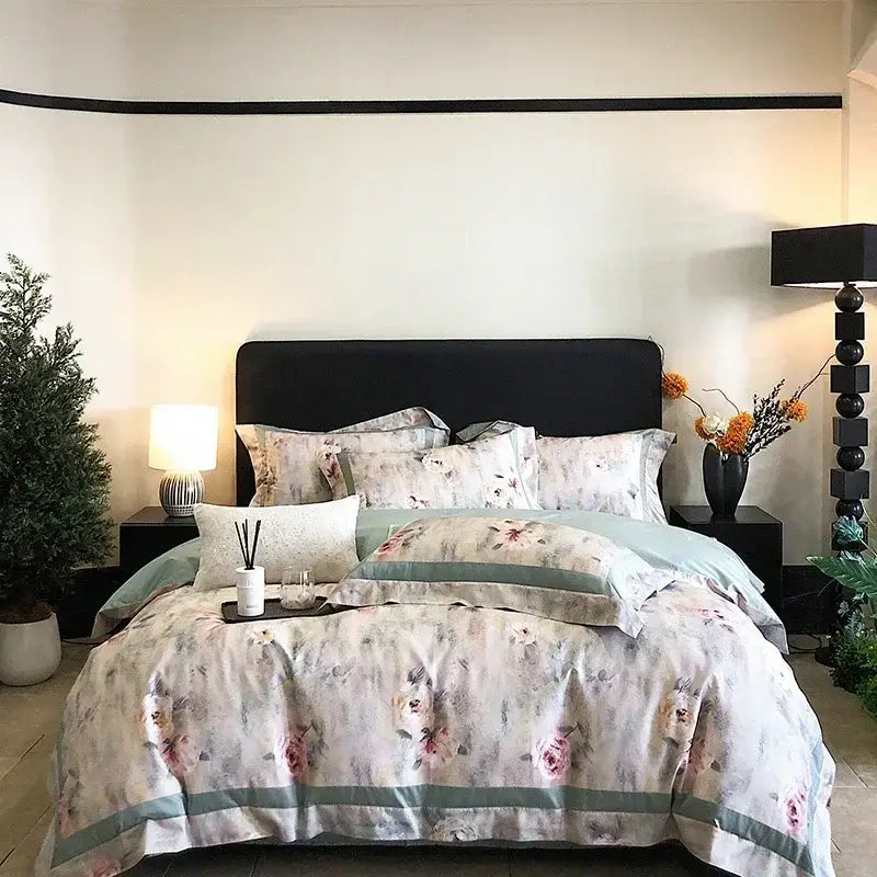 Floral watercolor blue and white egyptian cotton bedding set with muted pastel tones and sage green accents