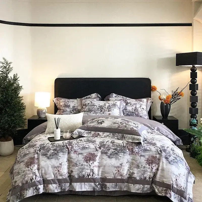 The egyptian cotton bedding set features a floral watercolor blue and white design with an elegant pastel deer print