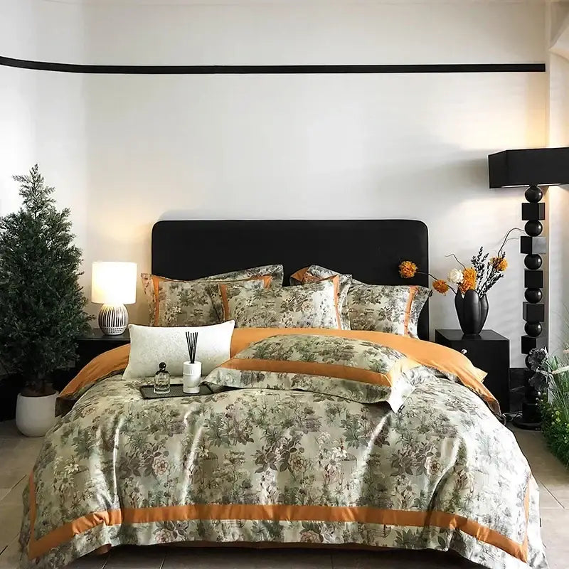 Elegant floral-patterned egyptian cotton bedding set in muted sage green and warm orange with satin-trimmed edge