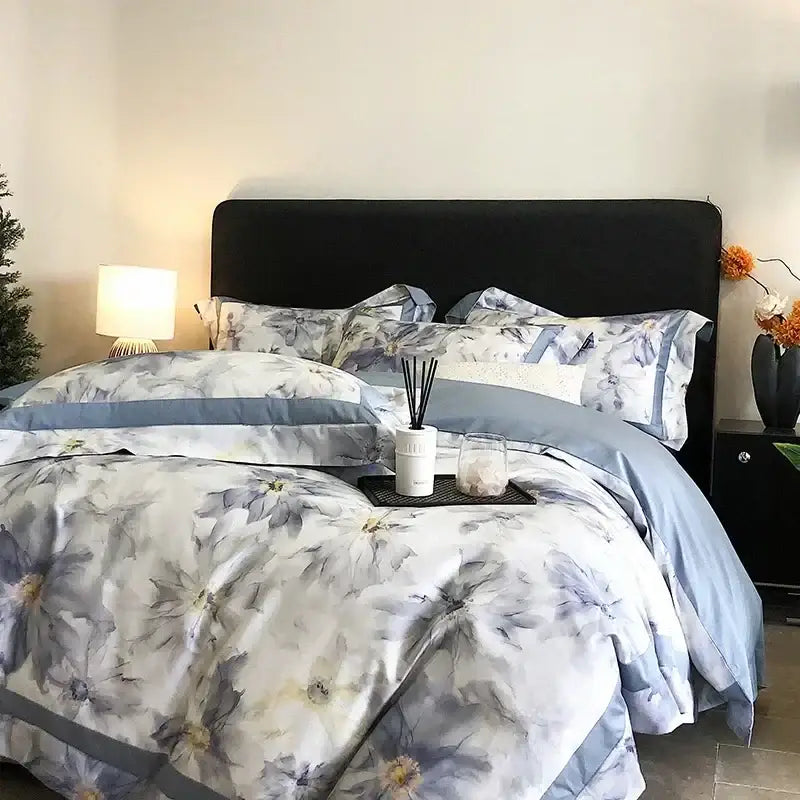Floral watercolor blue and white egyptian cotton bedding set with delicate gray accents for bedroom use