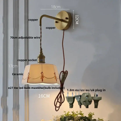 Vintage-style floral white ceramic brass led wall light with delicate brown patterns and switch for bedroom use