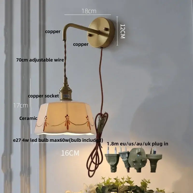 Vintage-style floral white ceramic brass led wall light with delicate brown patterns and switch for bedroom use